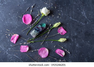 Magic vintage still life with crystals and rose flowers. Meditation reiki. Ritual for love and chakra balance. Esoteric and pagan rituals, witchcraft Wiccan or spiritual practice (healing)