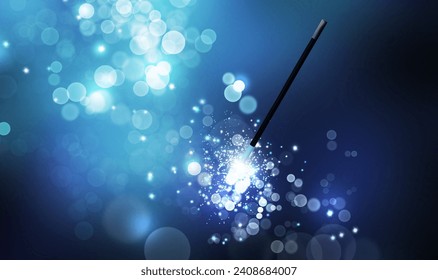 Magic wand and enchanted lights on blue gradient background