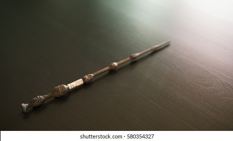 Magic Wand On Wooden Table, Wizard Tool.
