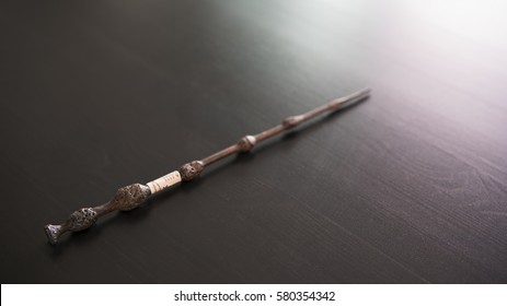 Magic Wand On Wooden Table, Wizard Tool.
