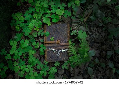 magic witch book and wiccan amulet with pentagram on forest natural dark background. Esoteric Ritual, spiritual witch practice. Mysticism, divination, modern wicca occultism concept. flat lay
