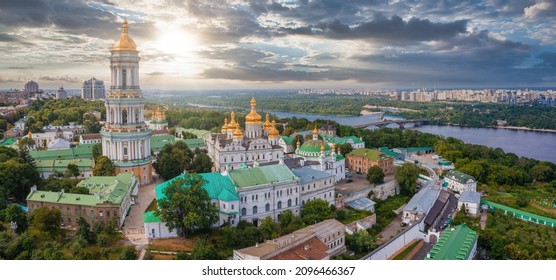 Magical aerial view of the Kiev Pechersk Lavra near the Motherland Monument. UNESCO world heritage in Kyiv, Ukraine. Kiev Monastery of the Caves.