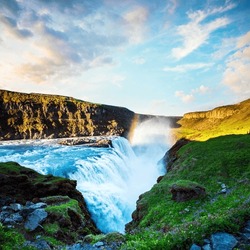 Magical Charming Bright Colorful  Landscape With A Famous Gullfoss Waterfall In The Sunrise In Iceland. Exotic Countries. Amazing Places. Popular Tourist Atraction. (Meditation, Antistress - Concept).