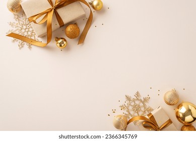 Magical Christmas Scene: Top-down view of artfully wrapped gift boxes with orange satin ribbons, complemented by chic tree ornaments, golden balls, sparkling snowflakes, confetti on pastel background