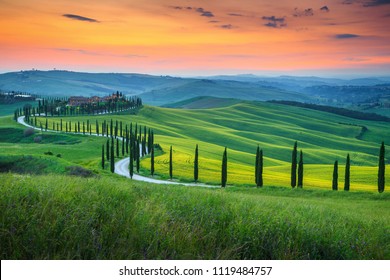 Magical colorful sunset in Tuscany. Picturesque agrotourism and typical curved road with cypress, Crete Senesi rural landscape in Tuscany, Italy, Europe