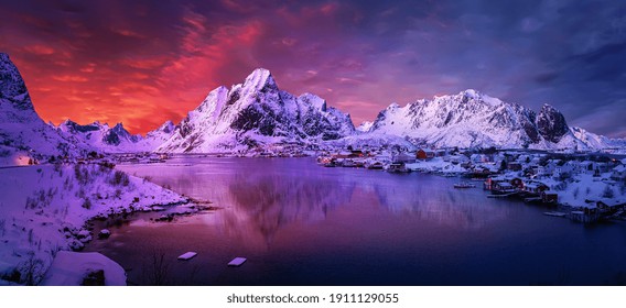 Magical evening in Lofoten. North fjords with mountains landscape. scenic photo of winter mountains and vivid colorful sky. stunning natural background. Picturesque Scenery of Lofoten islands. Norway