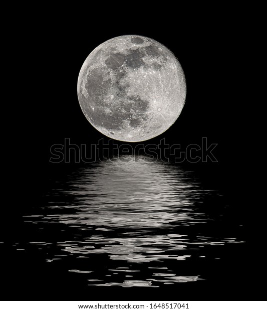 Magical evening on the sea. Big full moon\
reflection in water\
