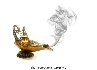 A magical genie lamp with smoke.