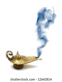 A Magical Genie Lamp With Smoke Isolated On White.