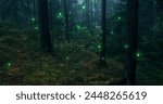 Magical green shiny fireflies flying in fairytale woods.