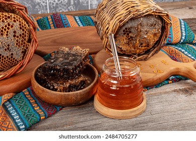 Magical honeycomb close up, Honey harvesting, honey picking. Organic honeycomb (Turkish Karakovan Honey). Organic honeycomb in jar with honey dipper on vintage wooden background. - Powered by Shutterstock