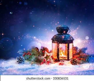 Magical Lantern On Snow With Christmas Decoration
 - Shutterstock ID 330836531