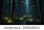 magical lights sparkling in mysterious forest at night.