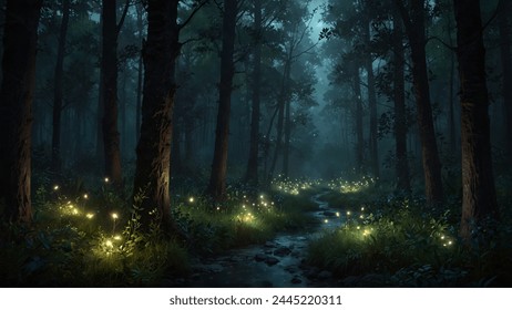 magical lights sparkling in mysterious forest at night.