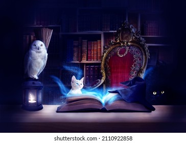 Magical opened book in the library with cute animals. The spell book is on the desk and casting soft light. Perfect for a backdrop, background. Photo manipulation - Shutterstock ID 2110922858