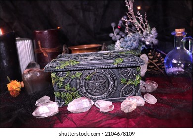 Magical Pagan Altar With Pentagram Box Full Of Secrets 