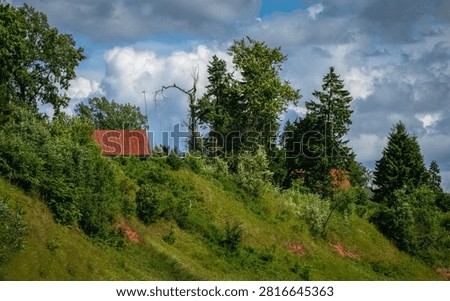 A magical panoramic landscape with a rustic log cabin with a red metal roof on a green grassy hillside under an impressive sky. A picturesque view of an old rural log house nestled on a steep green hillside. The cabin features a weathered red tin roof and a tall antenna, partially hidden by lush green bushes and trees. In the background, majestic pine trees and a bare dry tree stand against a dramatic sky filled with thick white and grey clouds. A beautiful countryside landscape capturing peaceful remote living and nature.