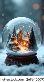 Magical Snow Globe with Tiny Winter Town and Glowing Lights