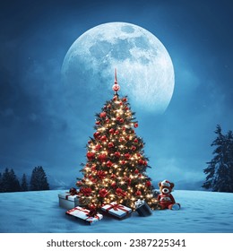 Magical snowy wintry landscape with full moon, decorated Christmas tree and many gifts: Christmas and holidays background - Powered by Shutterstock