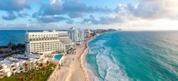 Magical Sunrise View Overt The Caribbean Sea Near A Luxury Resort. Aerial View Of The Cancun Beach Area At Sunrise.