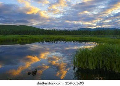 Magical Sunset On The Taiga River. Untouched, Primeval Nature Of The Russian Far East. Khabarovsk Krai, Strait Of Tartary Coast, Taezhnitsa River.