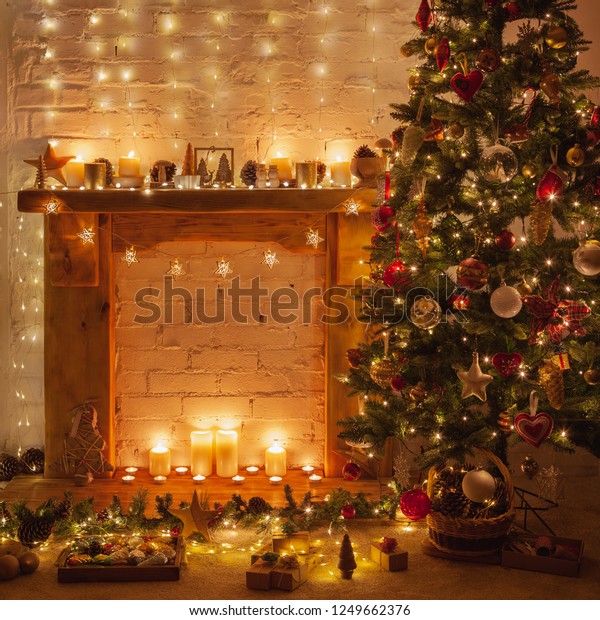 Magical Warm Christmas Setting Decorated Fireplace Stock Image