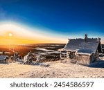 Magical winter landscape with Santa’s cabin in Levi Finland. Snowy and sunny winter in Finnish Lapland. Scandinavian nature at its best in winter. Picture taken near the Levi World Cup slope.