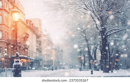 Magical winter snow fall and city lights. blurred background city street with Christmas illuminations, blurred holiday background. Christmas lights and Christmas decorations on the street. For banner - Powered by Shutterstock