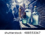 Magical witch lab with blue light and potion for Halloween