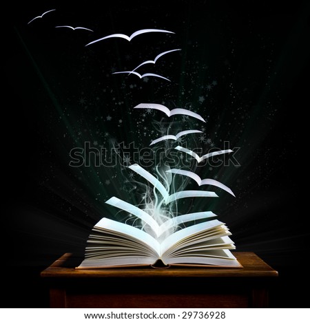 The magical world of reading: magic book with pages transforming into birds Stock photo © 