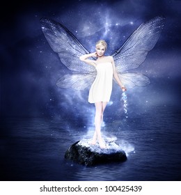 Magical Young Blond Woman As Fairy With Wings