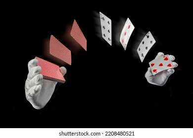 Magician With Cards, Card Manipulation, Croupier Or Casino Dealer At Gambling Club Or Casino. Close Up Of Male Hand With Poker Cards.