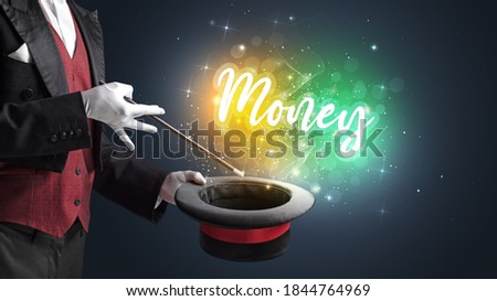 Magician hand conjure with wand and Money inscription, shopping concept