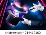 Magician hand with magic wand and hat