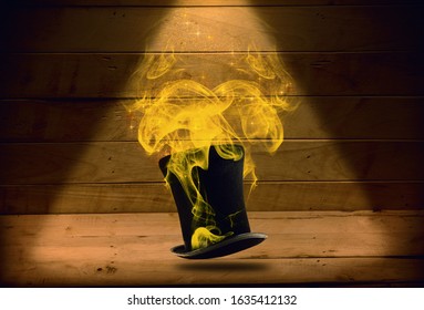 Magician Hat With Smoke Floating On Wood Stage.