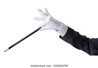 Magician holding his wand, isolated on white