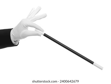 Magician holding wand on white background, closeup