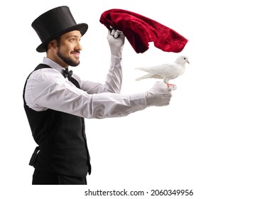 Magician performing with a white dove and a red velvet cloth isolated on white background - Powered by Shutterstock