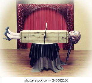 Magician sawing a woman with a saw.Photo combination concept