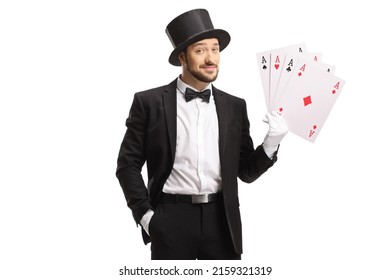 Magician showing four aces isolated on white background