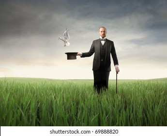 Magician showing a hat with bird flying out from it