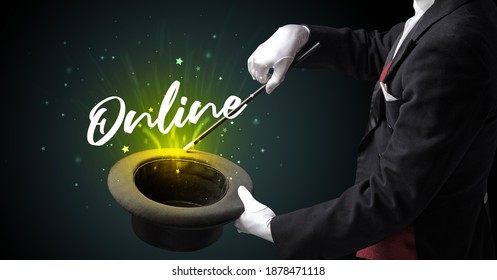 Magician Is Showing Magic Trick With Online Inscription, Traveling Concept