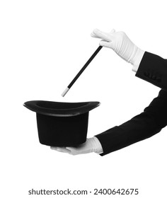 Magician showing magic trick with top hat on white background, closeup