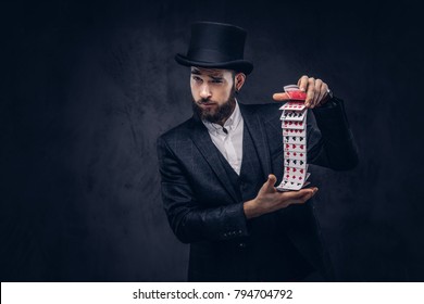 Magician Showing Trick With Playing Cards.