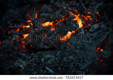 Magma textured molten rock surface. Lava flame on black ash background. Danger, hazard, energy concept. Volcano, fire, crust. Formation, geology, nature, environment.
