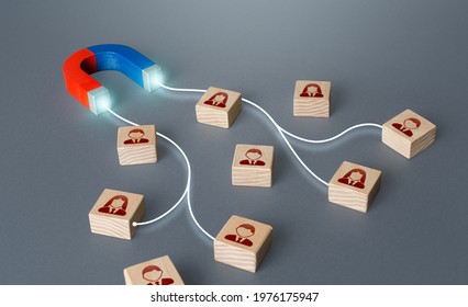 Magnet selectively attracts people. Hiring highly qualified professional staff. Finding best talented candidate. Human resources. Marketing and targeting. Optimal choice. Big data operating - Shutterstock ID 1976175947