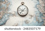 Magnetic old compass on old nord pole map. Travel, geography, history, navigation, tourism and exploration concept background. Retro compass on geography map.