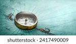 Magnetic old compass on world map. Travel, geography, history, navigation, tourism and exploration concept background. Retro compass on geography map.