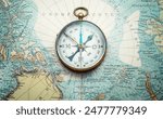 Magnetic old compass and rope on old nord pole map. Travel, geography, history, navigation, tourism and exploration concept background. Retro compass on geography map.