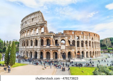 Magnificent aerial panoramnic view on the Great Roman Colosseum ( Coliseum, Colosseo ),also known as the Flavian Amphitheatre. Famous world landmark. Scenic urban landscape. Rome. Italy. Europe